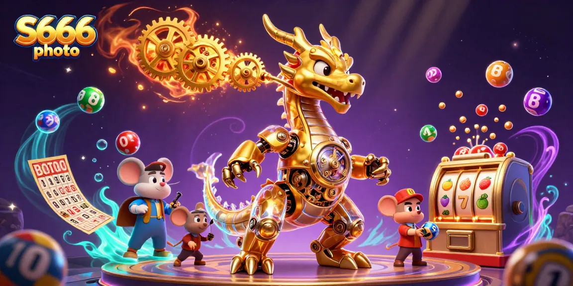 Engage with thrilling S666 photo featuring a dynamic casino scene with a golden dragon and vibrant game elements.