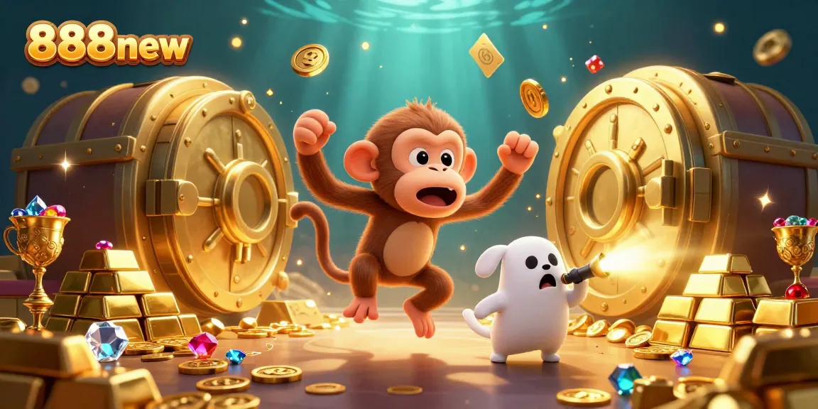 Experience the thrilling adventures of 888new with a mischievous monkey and a curious ghost-hunter puppy in a vibrant casino.