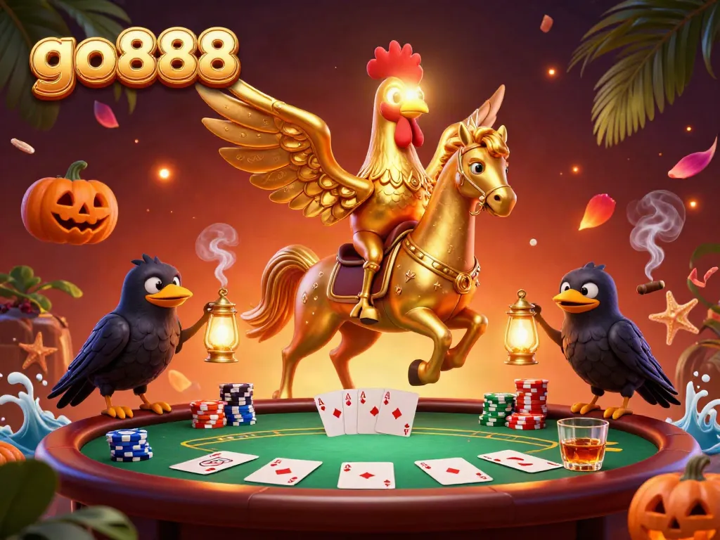 Experience the excitement of go888 in a vibrant casino scene featuring a golden rooster and whimsical crows.