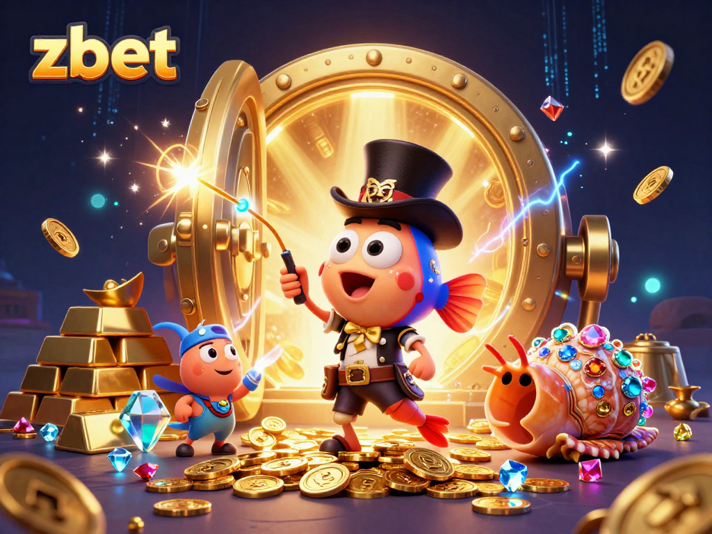 Experience zbet's vibrant casino adventure with glowing treasures and dynamic characters in this 3D illustration.