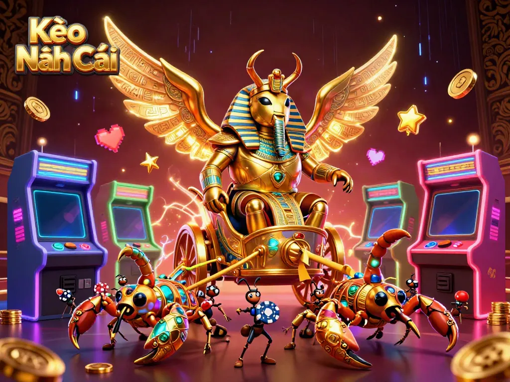 Experience Kèo Nhà Cái with a dynamic scene featuring a golden scarab chariot, gaming elements, and poker chips.