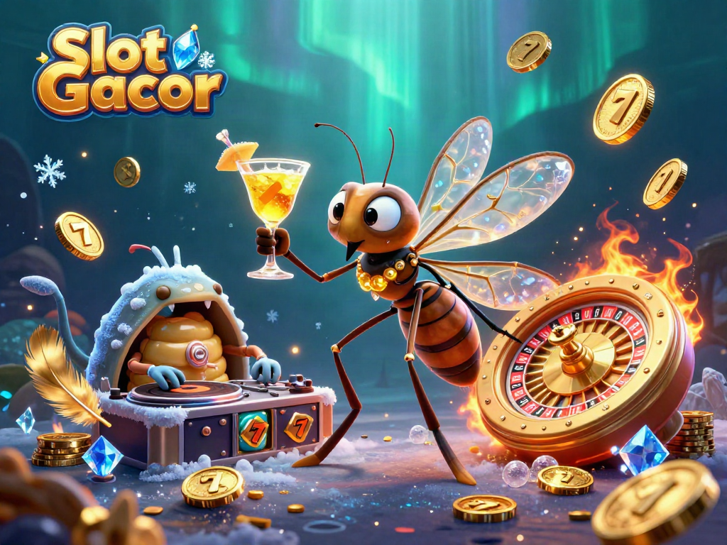 Engage with Slot Gacor in this vibrant casino scene featuring a playful mosquito mascot.