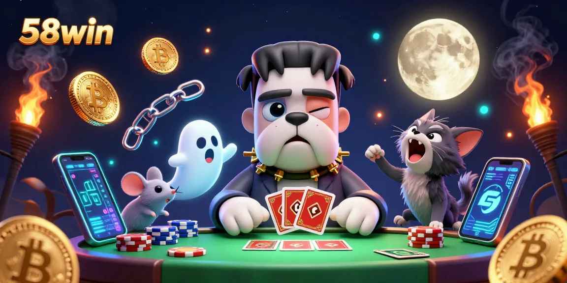Engage with thrilling games at 58win, featuring a lively casino scene with unique characters and crypto elements.