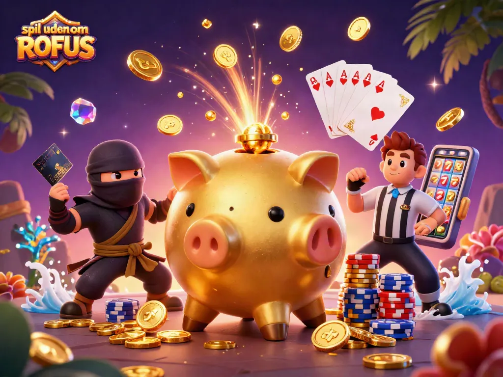 Play at casinos without ROFUS: golden piggy bank sumo wrestler and ninja surround vibrant gaming elements.