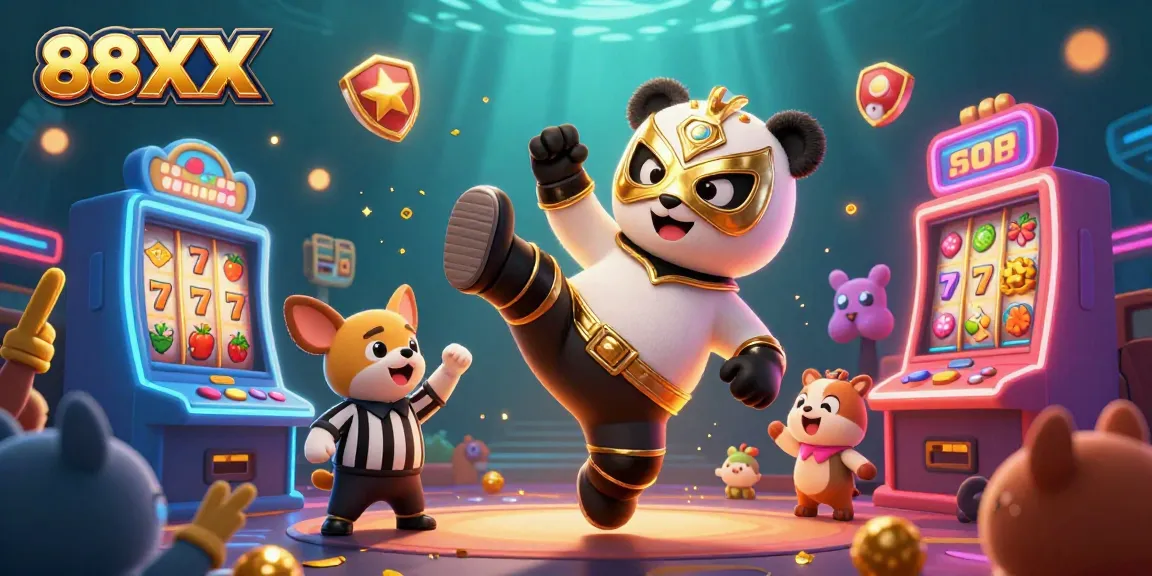 Exciting 88XX slot game scene with a panda wrestler and chihuahua referee amidst colorful casino elements.