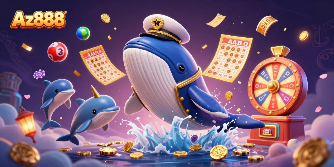 Experience the excitement of Az888 with a lively 3D scene featuring a whale, narwhal, and dolphins in a rich casino atmosphere.