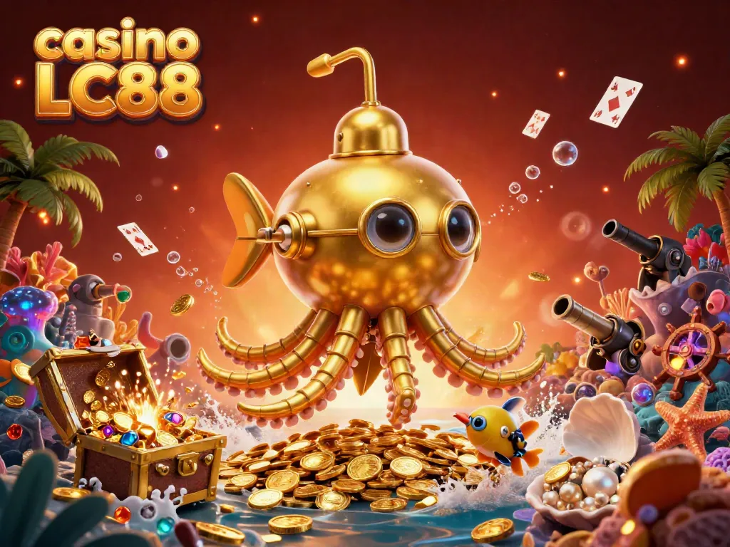 Experience the excitement of casino LC88 with a golden kraken submarine and treasure-filled underwater scene.