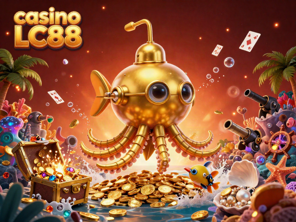 Experience the excitement of casino LC88 with a golden kraken submarine and treasure-filled underwater scene.