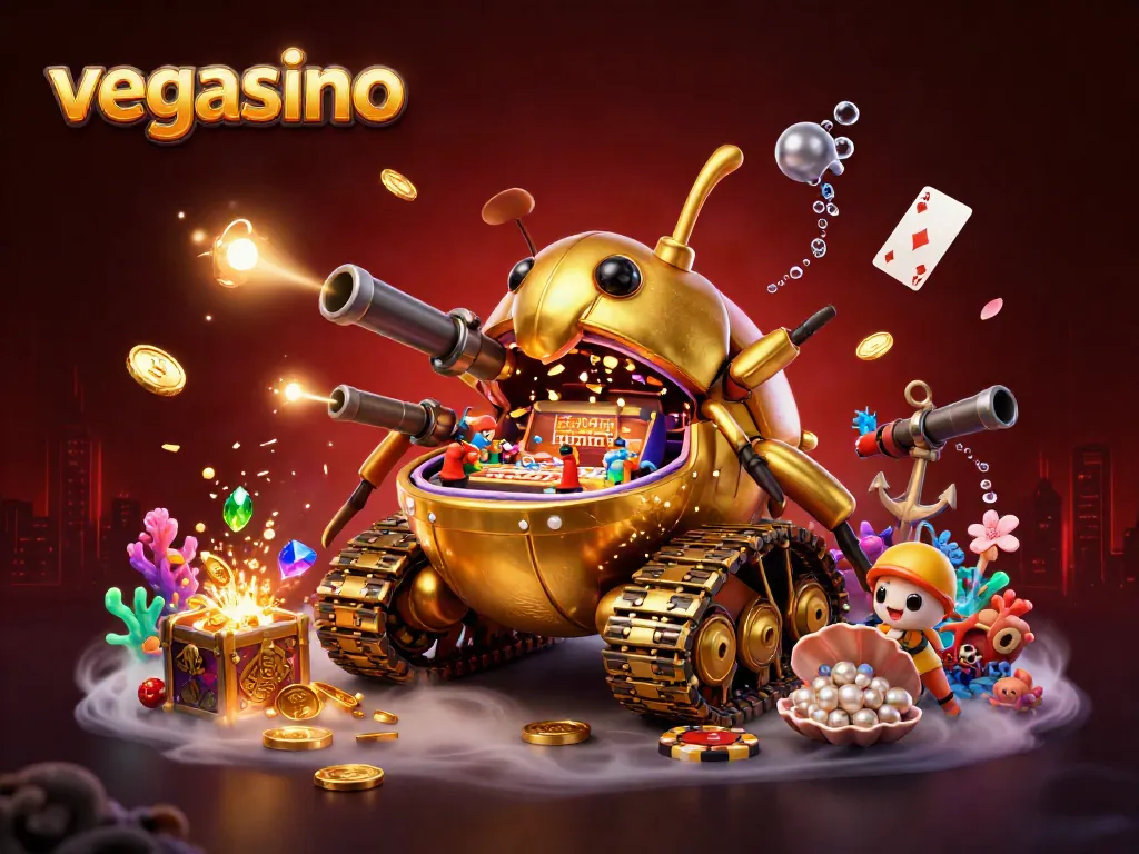 Unleash excitement at vegasino with a playful 3D casino tank scene filled with vibrant gaming elements.
