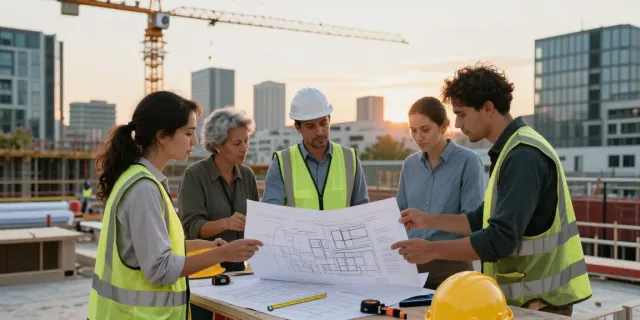 Bauarbeiten in Wien: Architekten und Bauunternehmer besprechen Hausbau Wien Pläne auf einer Baustelle.