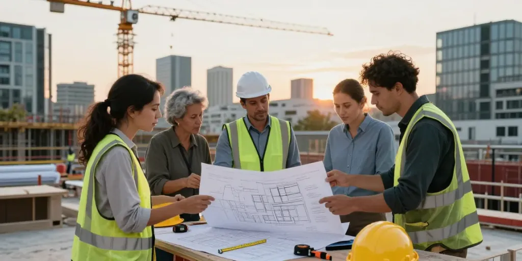 Bauarbeiten in Wien: Architekten und Bauunternehmer besprechen Hausbau Wien Pläne auf einer Baustelle.