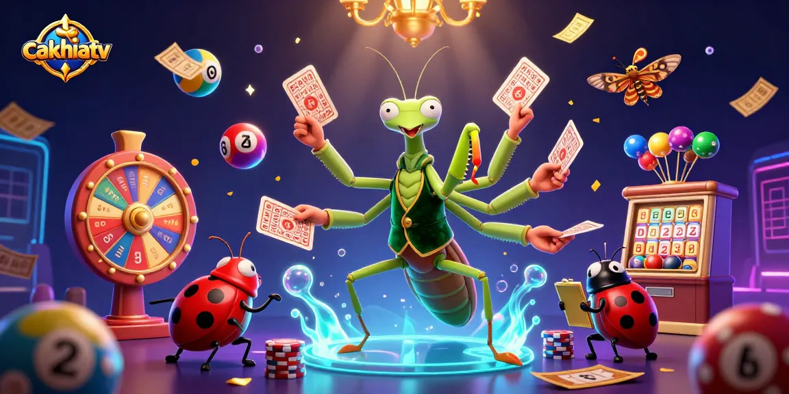 Cakhiatv showcases a vibrant casino scene with dynamic elements like lottery balls and a prize wheel, highlighting the excitement.