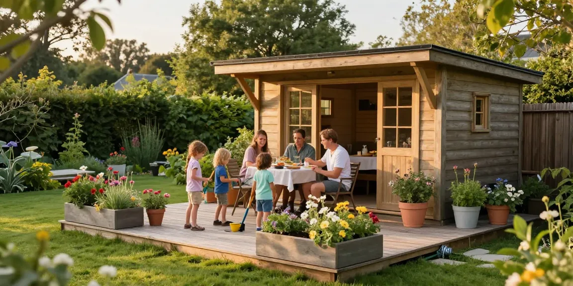 Familie um das Gartenhaus versammelt, mit Blumen und Gartenwerkzeugen im Hintergrund.