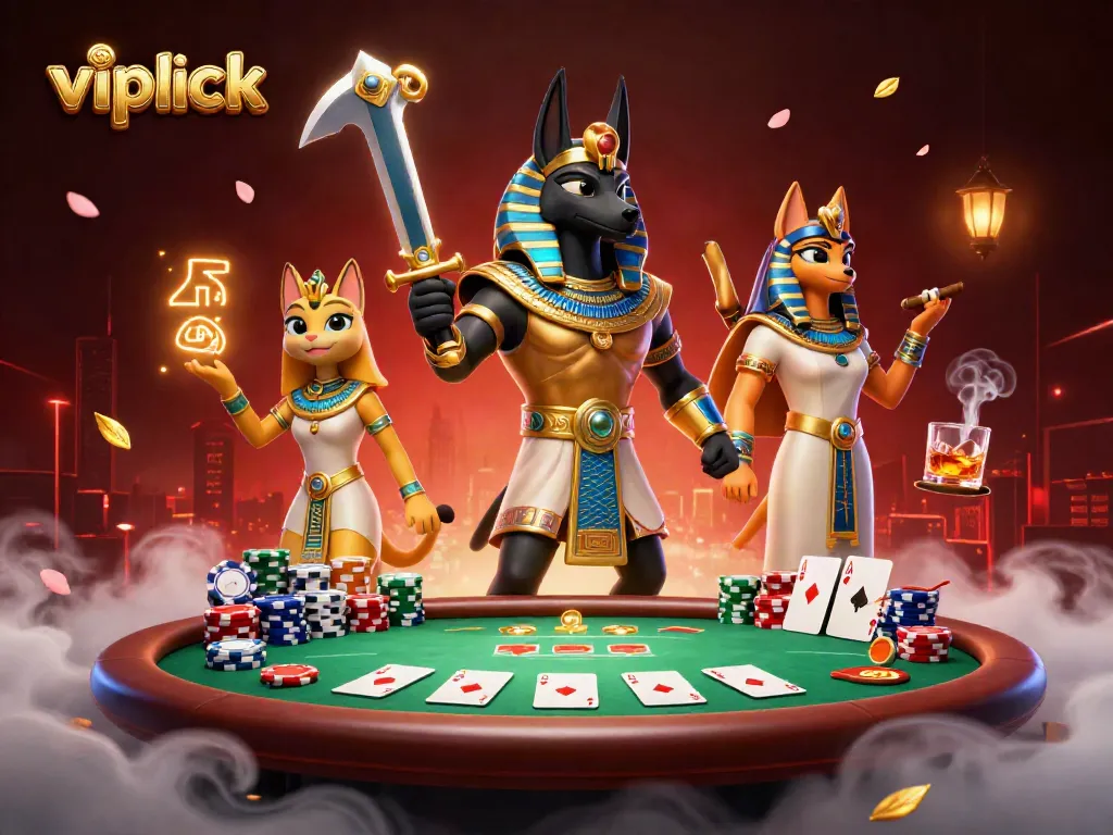 Win big at vipluck with an action-packed poker game scene featuring Anubis and Bastet.