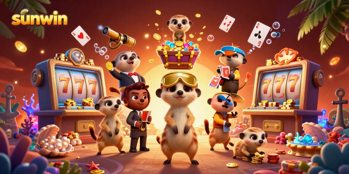 Experience the thrill at Sunwin casino as meerkats engage in gambling with colorful slots and treasures.