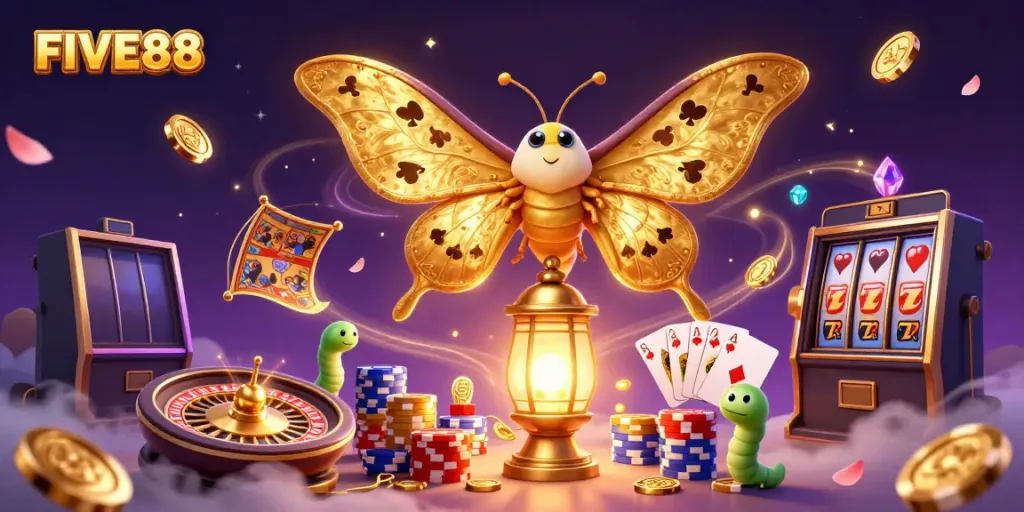 Experience the thrill of FIVE88 with a vibrant casino-themed illustration featuring dynamic game elements.