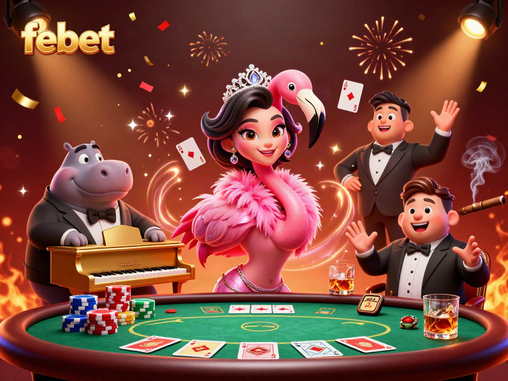 Experience the excitement of febet’s online casino with vibrant characters, poker elements, and lively ambiance.