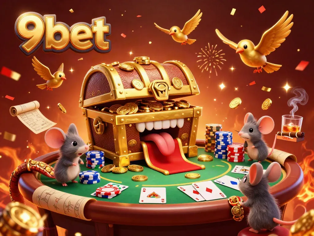 Join the excitement at 9bet with a vibrant casino scene showcasing treasure and poker elements.