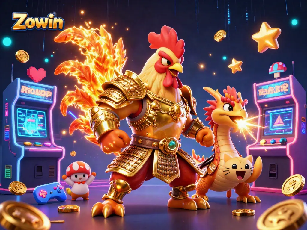 Zowin features an exciting scene with a fighting rooster warrior, dragon hatchling, and fortune cat mascot in an engaging casino adventure.