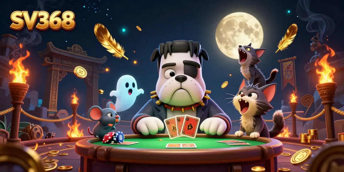 Engage with SV368's thrilling card games illustrated by a cartoon Frankenstein bulldog and friends.