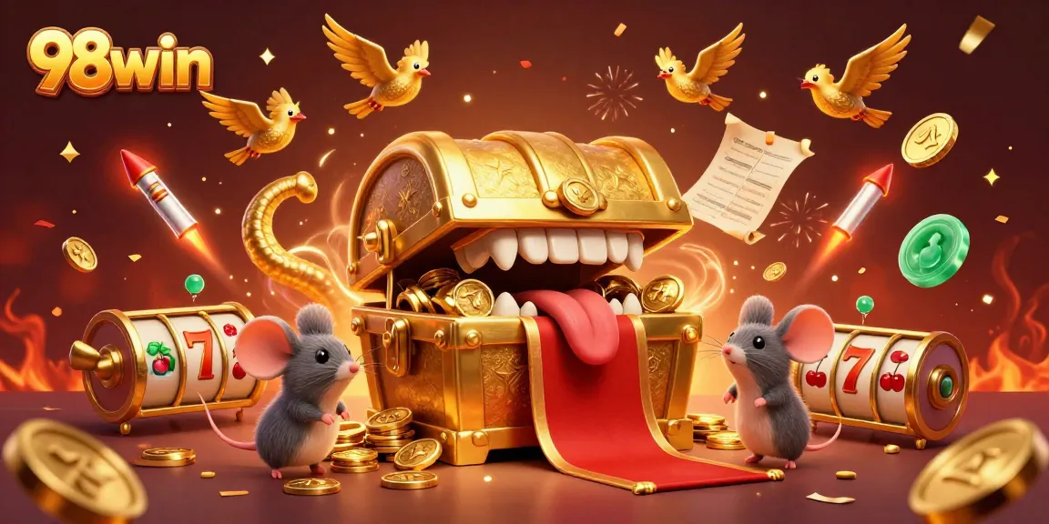 Experience the thrill of winning with 98win’s vibrant casino illustration filled with treasures and gaming excitement.