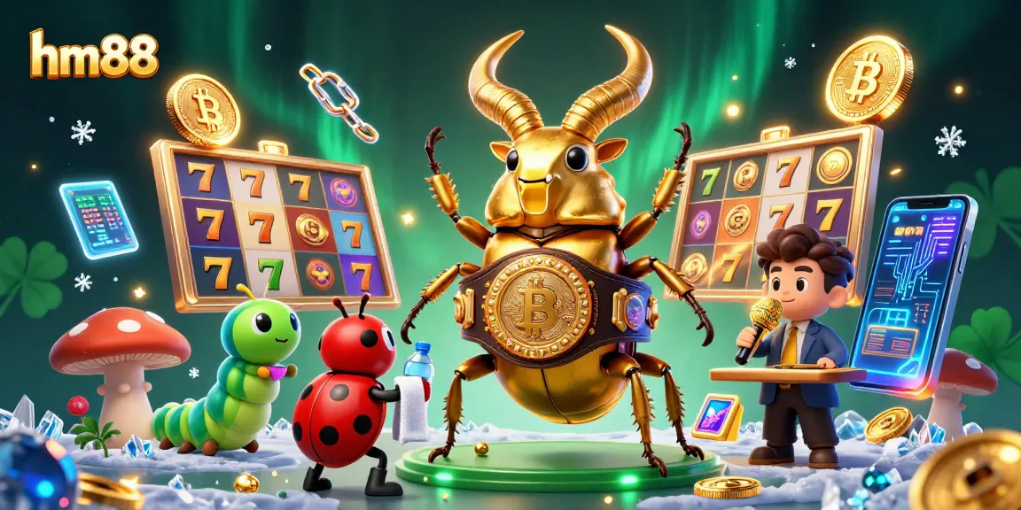 Compete at hm88 with a vibrant casino scene featuring animated characters, dynamic slot games, and cryptocurrency symbols.