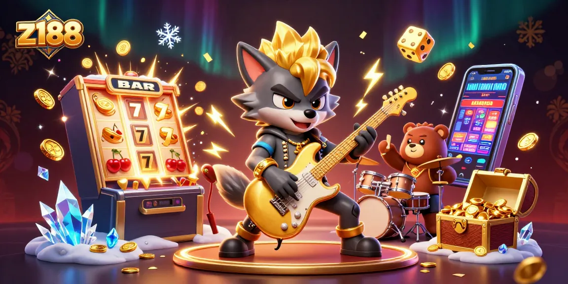 Experience the excitement of z188 with a vibrant casino scene highlighting a rock star wolf, bursting jackpots, and dynamic game elements.