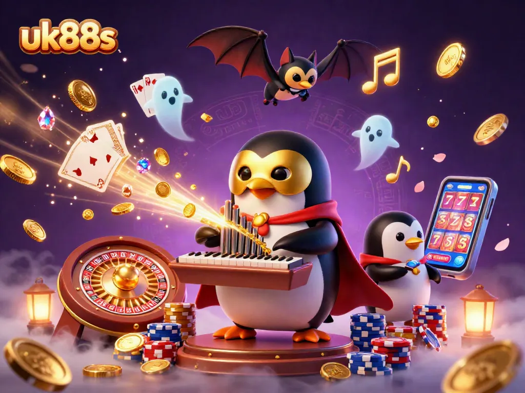 uk88s captivates players with vibrant 3D casino illustration featuring golden coins and gaming elements.