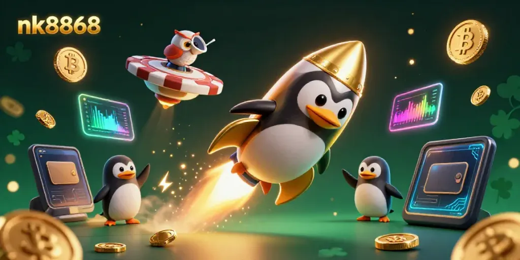 Bet on nk8868 with a futuristic casino scene featuring a glowing penguin and cosmic elements.