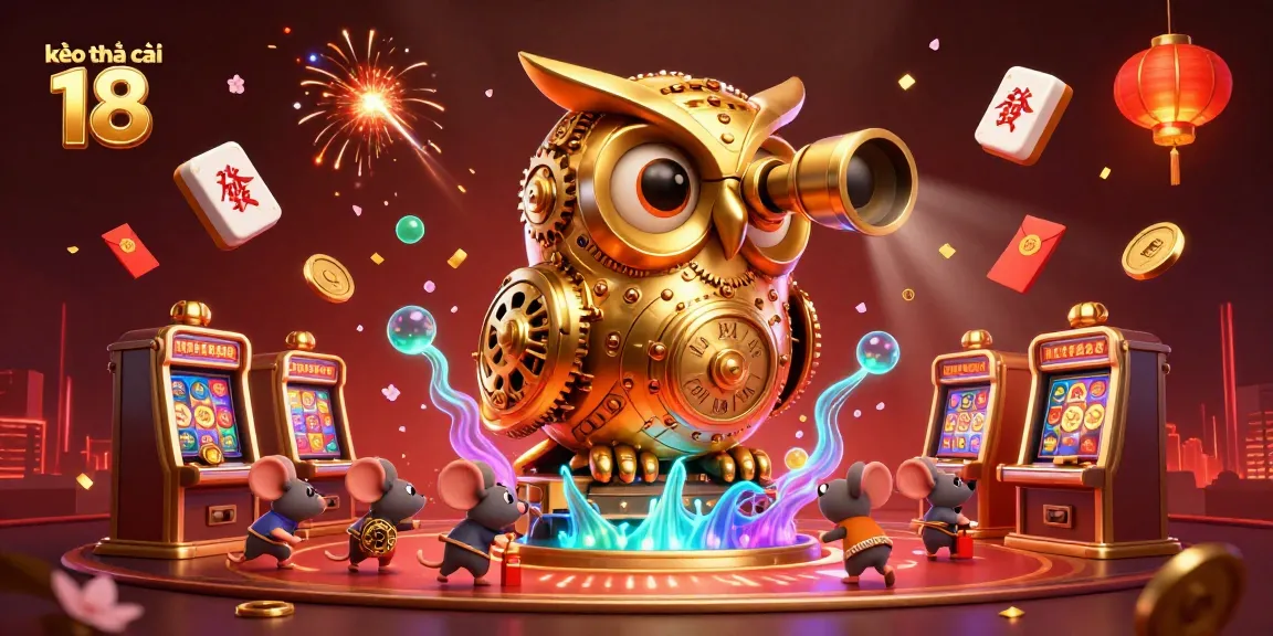 Engaging scene of kèo nhà cái 18 with a whimsical golden owl in a bustling casino
