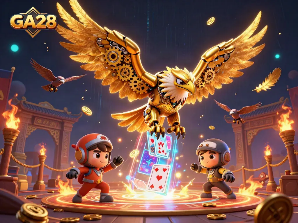 Experience the dynamic GA28 casino universe with a golden eagle and holographic cards in action.