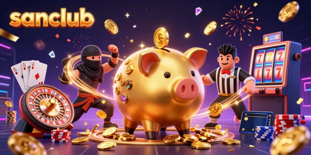 Experience the thrill of winning at sanclub with a dynamic scene of a golden piggy bank sumo wrestler surrounded by casino elements.