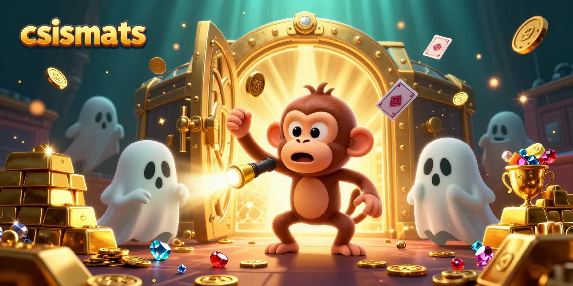 csismarts highlights a mischievous monkey juggling golden casino items amid an enchanting haunted setting.