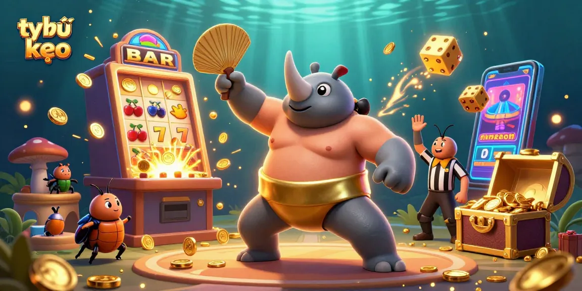 Experience thrilling tỷ lệ kèo betting with a vibrant sumo champion beetle amid gold coins and gaming elements.