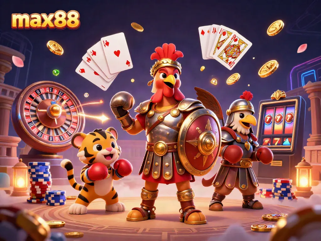 Experience thrilling gaming fun at max88 with a lively scene of a gladiator rooster, a tiger cub, and an eagle amid cascading slots and coins.