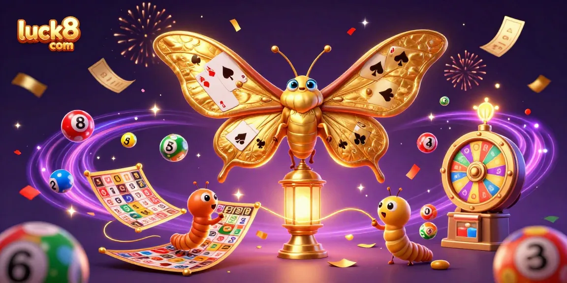 Engage with luck8 com's vibrant lottery scene featuring colorful balls and a cartoon moth.