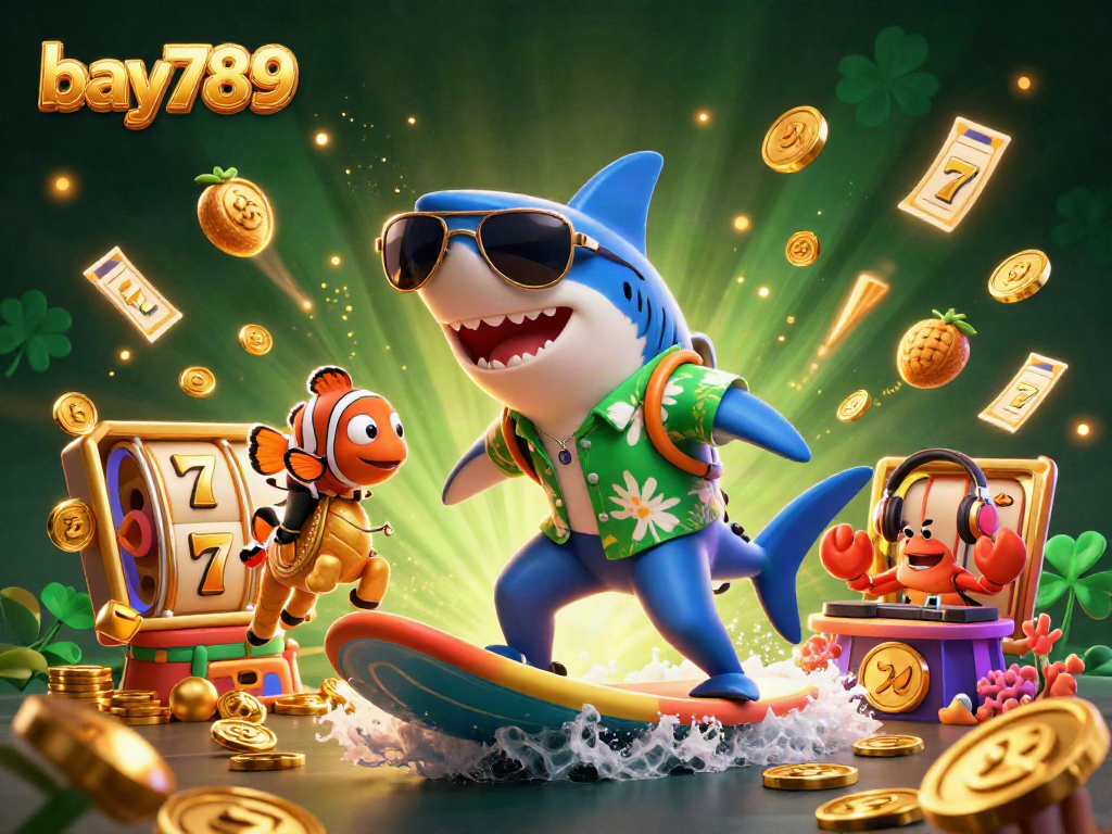 Experience the excitement of bay789 with vibrant cartoon characters surfing on golden coin waves.