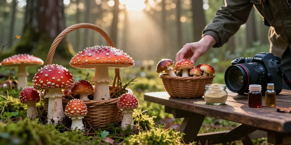 Erforschen Sie Amanita muscaria Produkte, während Sie fliegenpilz bestellen in einer ruhigen Waldumgebung.