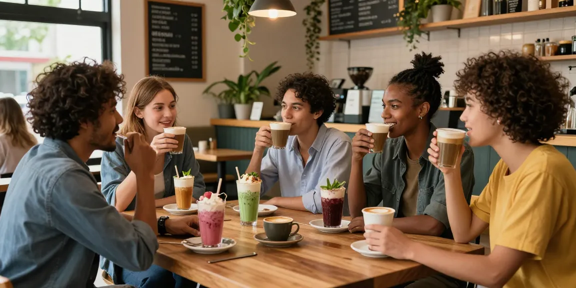Friends enjoying vibrant beverages at rokok88 café, showcasing a lively and inviting atmosphere.