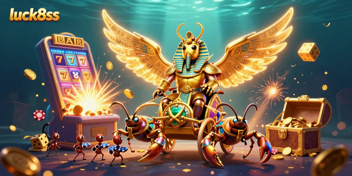 Experience luck8ss with a colossal golden scarab beetle and dynamic casino elements in a vibrant 3D scene.