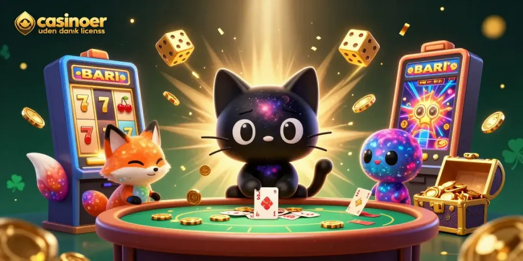 Experience the thrill of winning at casinoer uden dansk licens with a cosmic 3D illustration of vibrant characters and games.