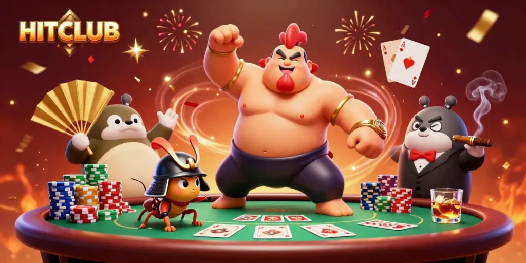 Experience the excitement of HITCLUB with a vibrant scene featuring a sumo wrestler rooster and samurai cricket.