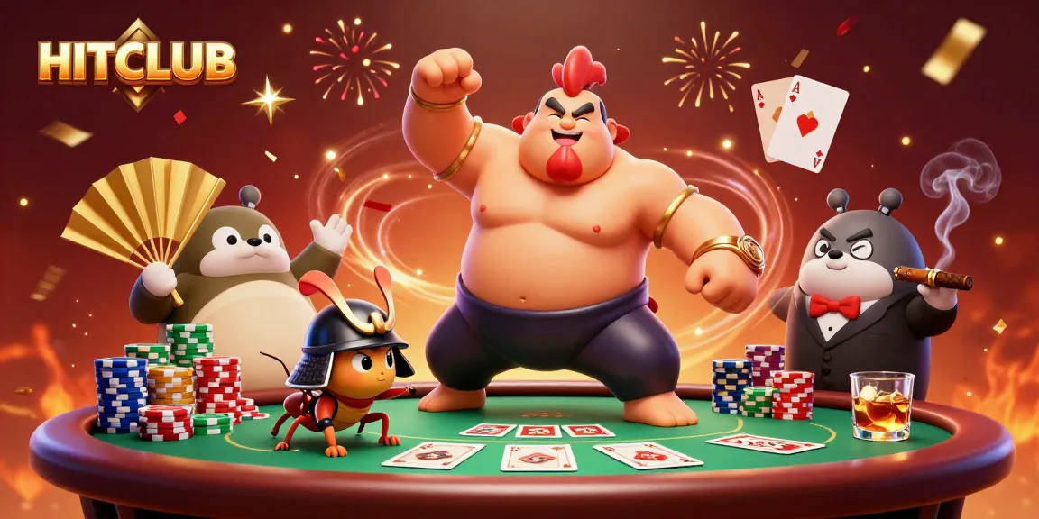 Experience the excitement of HITCLUB with a vibrant scene featuring a sumo wrestler rooster and samurai cricket.
