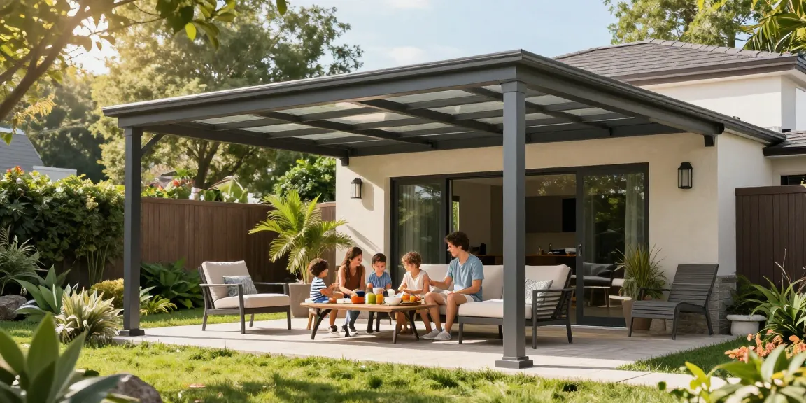 Moderne freistehende Terrassenüberdachung in einem einladenden Garten mit Familie, die den sonnigen Tag genießt.