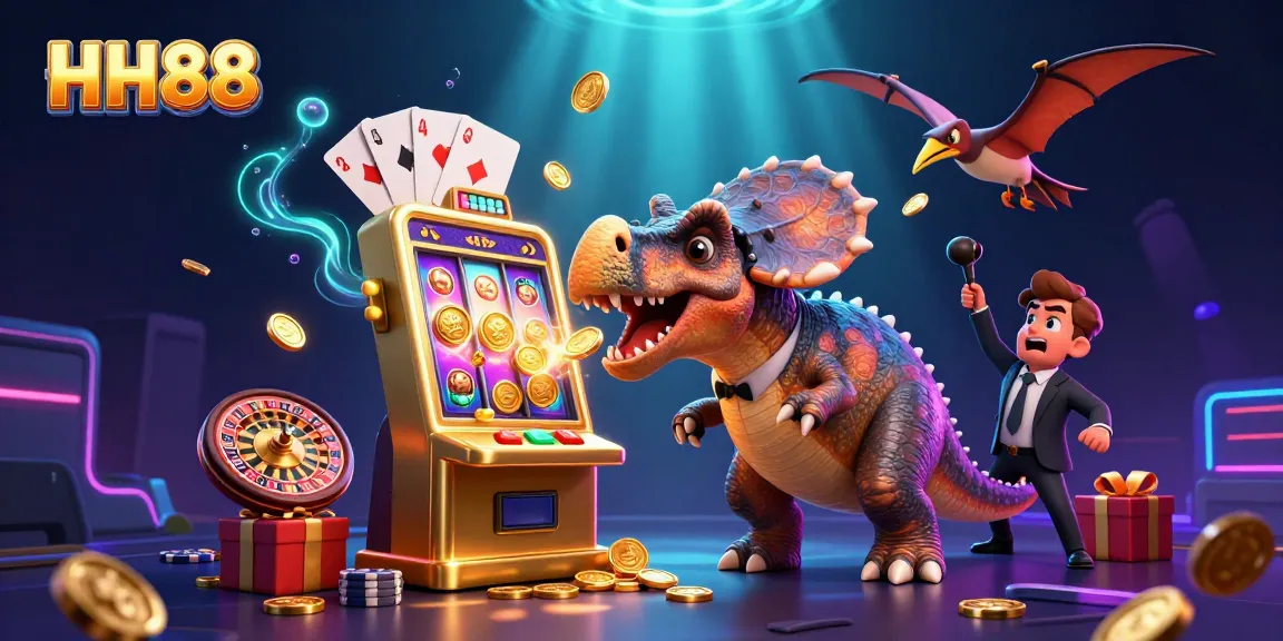 Experience exciting jackpot wins at HH88 with a cartoon dinosaur and golden slot machine.