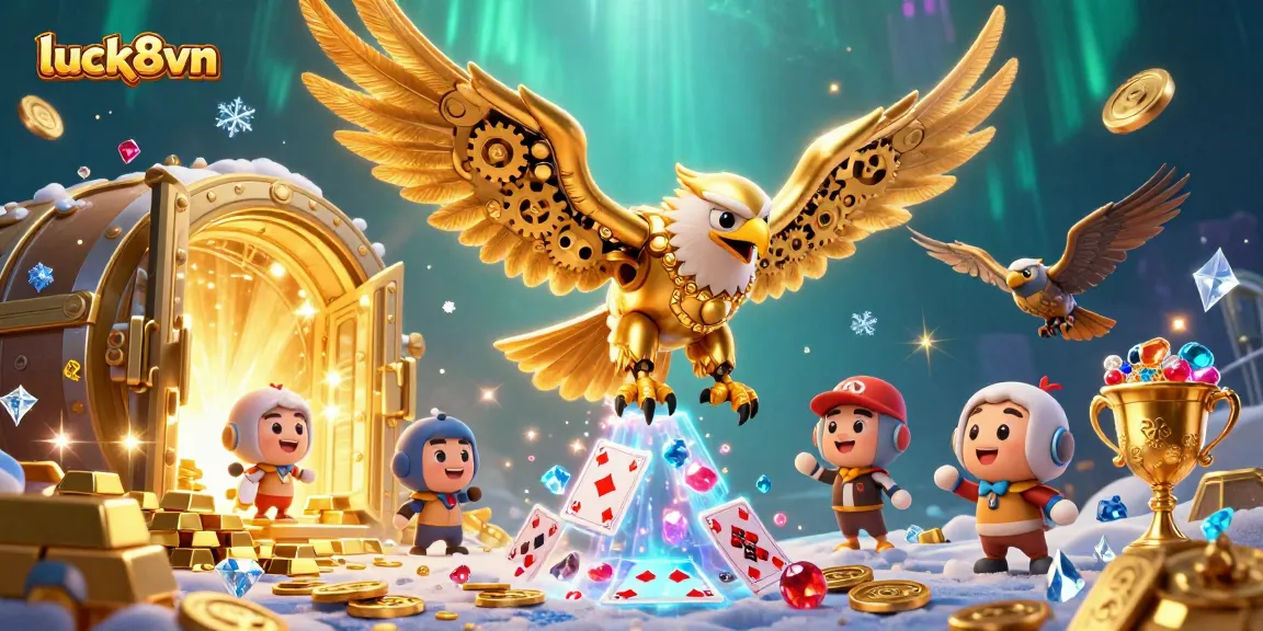 Engage your luck8vn gaming adventure with a dynamic illustration of a winning eagle amidst treasure and gaming cards.