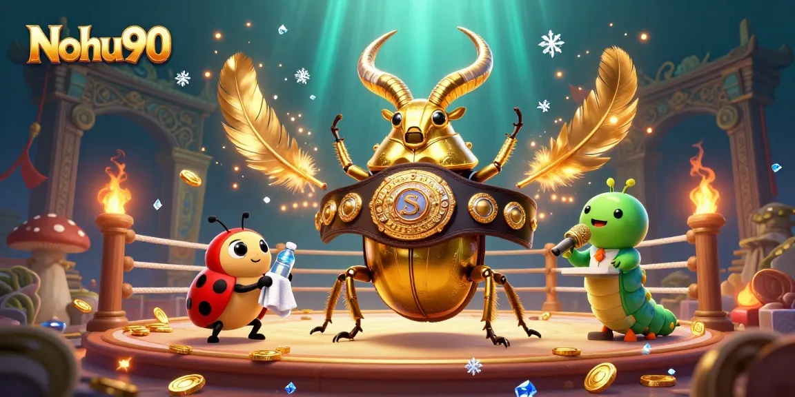 Nohu90 showcases a vibrant 3D casino illustration featuring a golden stag beetle champion in a dynamic betting arena.