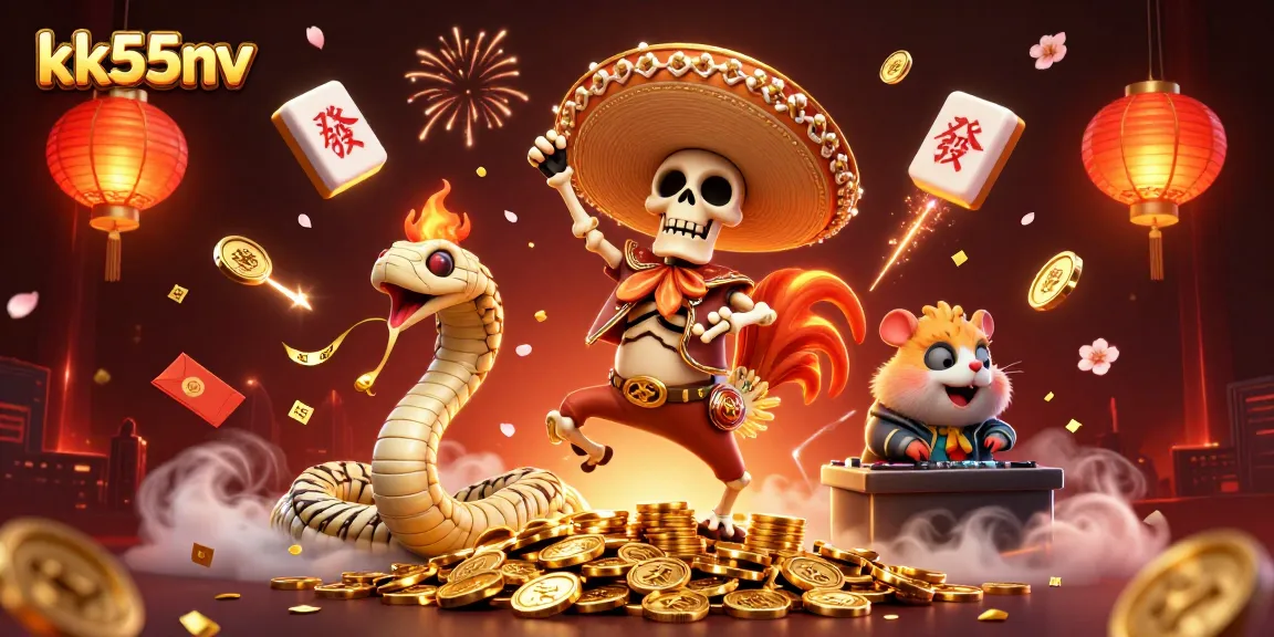 Engage with thrilling gaming action at kk55nv with vibrant, festive characters surrounded by rich casino elements.