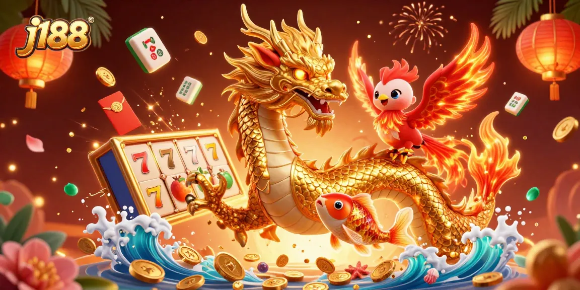 Experience the thrill of j188 with a vibrant 3D casino scene showcasing dynamic slot reels and magical creatures.