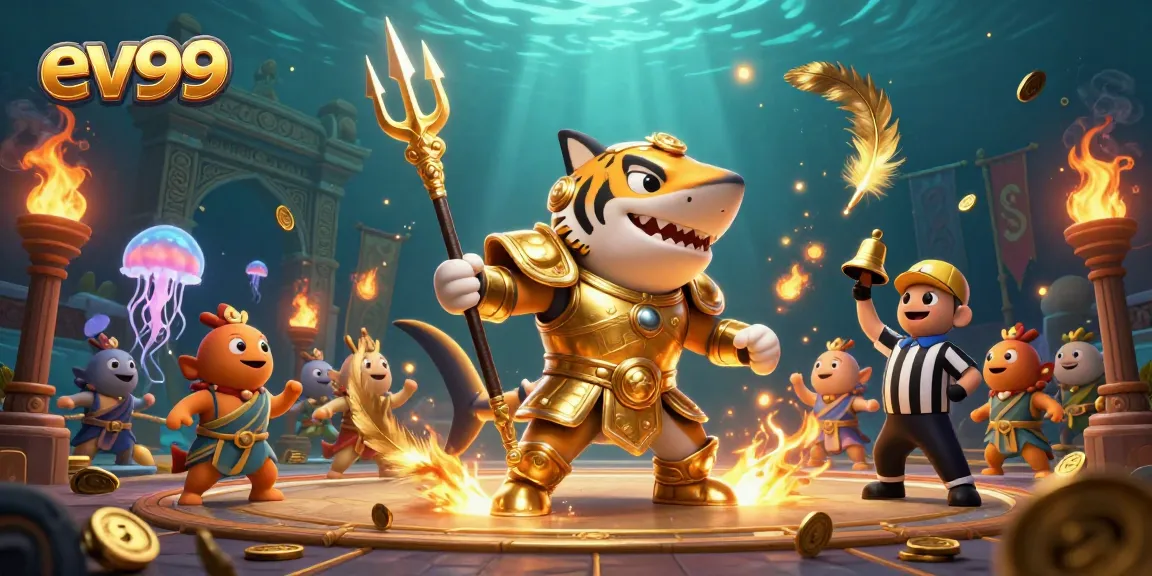 Engage in thrilling gameplay at ev99's underwater casino arena with a tiger shark champion.
